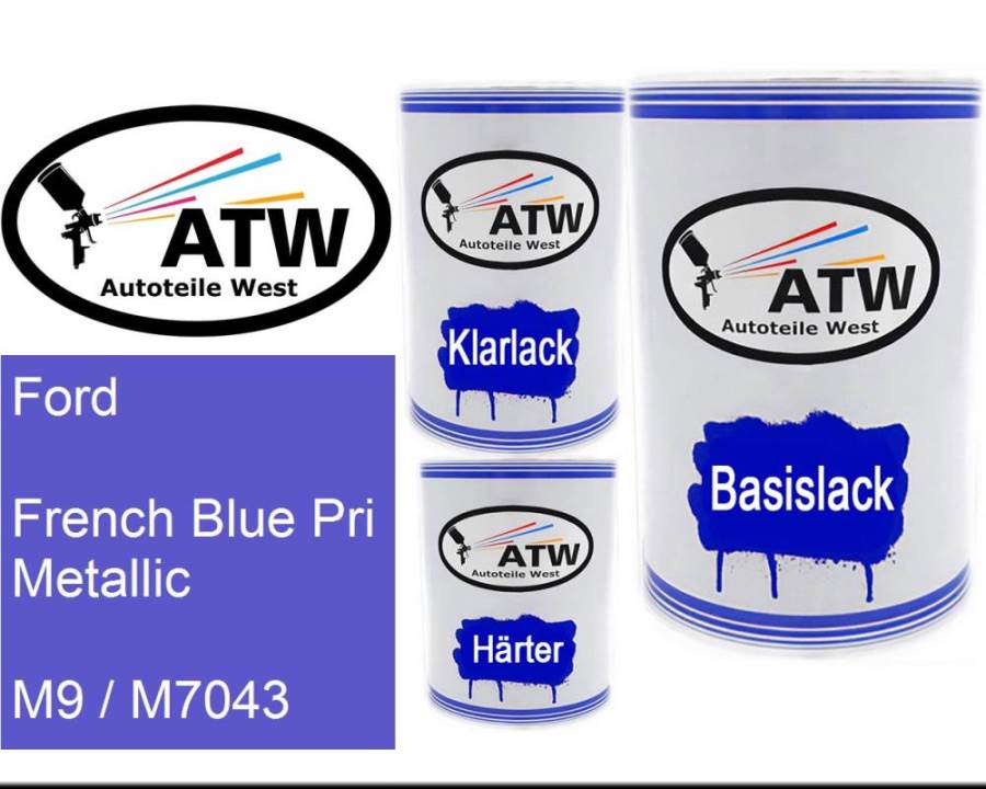 Ford, French Blue Pri Metallic, M9 / M7043: 500ml Lackdose + 500ml Klarlack + 250ml Härter - Set, von ATW Autoteile West.